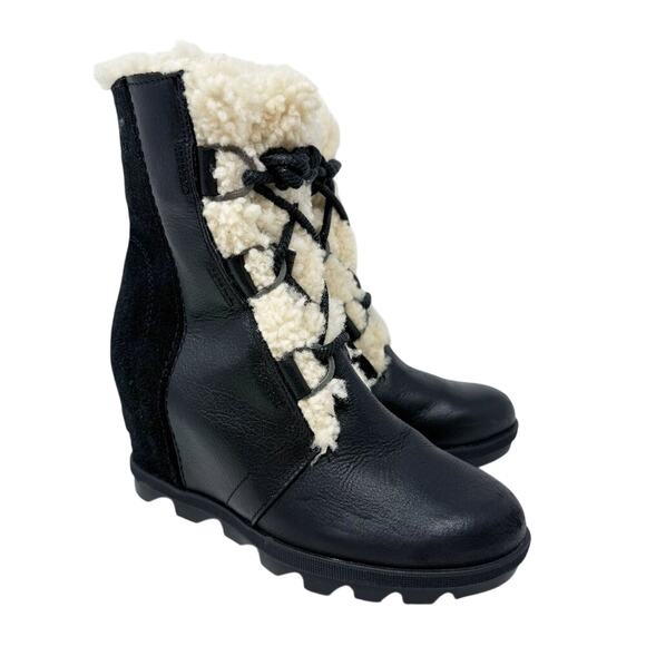 Sorel Black Leather & Suede Joan of Arctic Wedge II Shearling Boot Sz 7 Lace Up - Picture 1 of 10